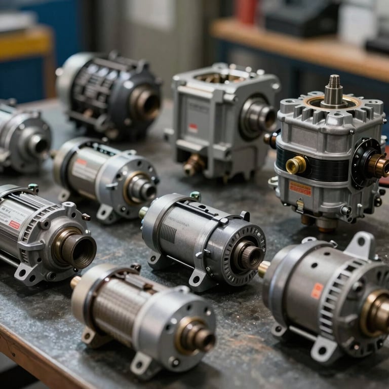 A professional shot of various automotive starters and alternators ready for recovery, in an industrial setting.