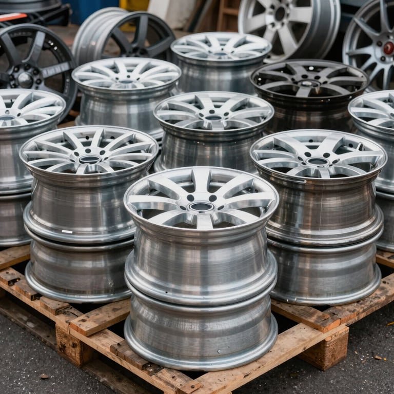A collection of aluminum automotive rims stacked neatly on a wooden pallet in a North American scrap yard.