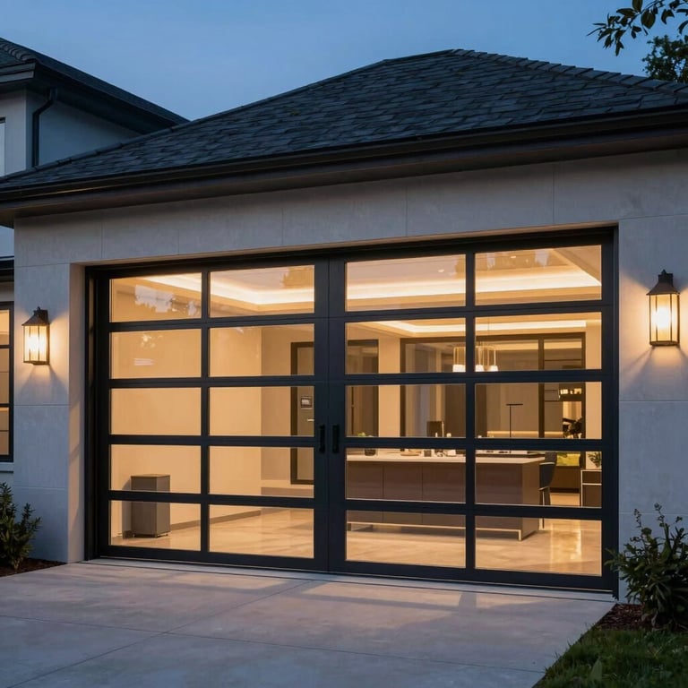 A wide shot of a modern glass-paneled garage door on a luxury North American home at dusk.