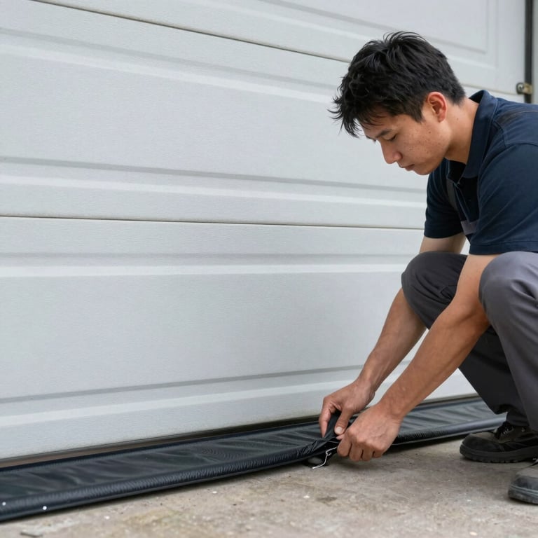A technician carefully installing a black weather seal at the bottom of a new garage door.