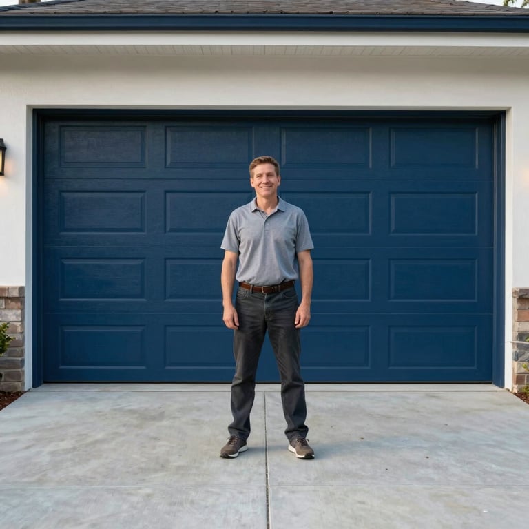 A happy homeowner standing in front of their newly installed Dark Blue garage door with a clean concrete driveway.