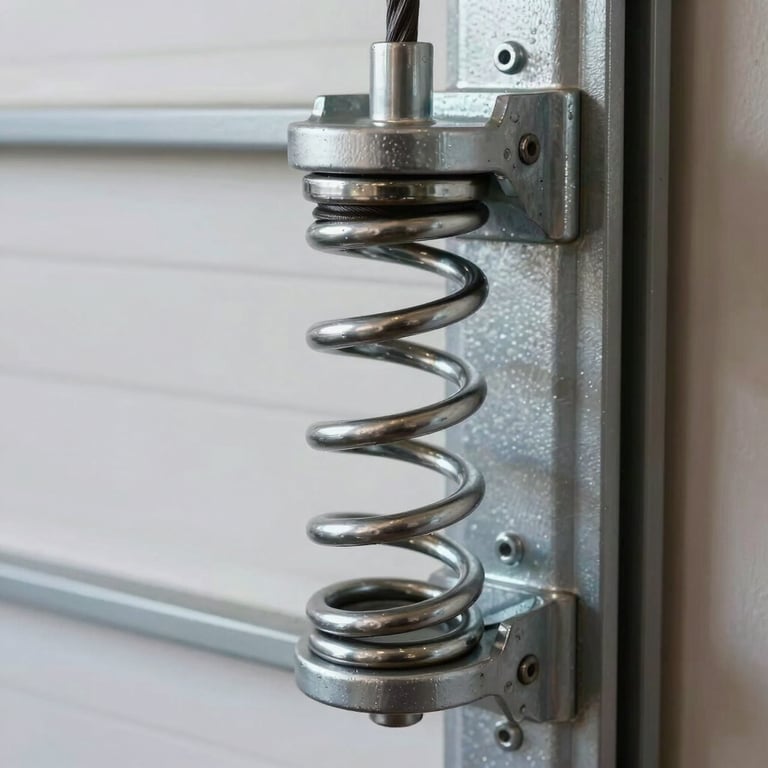 A close-up of a heavy-duty steel garage door torsion spring and cable system, clean and well-maintained.