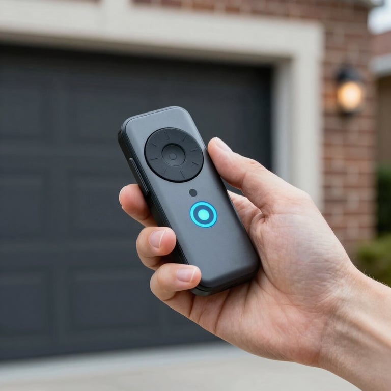 A professional hand holding a modern smart garage door opener remote with a Teal Blue indicator light.