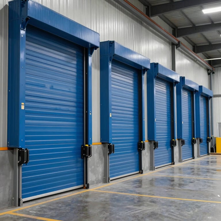 A line of durable commercial rolling steel doors in Medium Blue at a modern North American facility.
