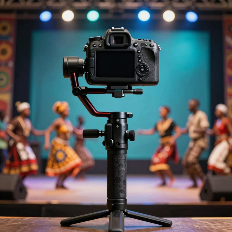 A detailed shot of a professional DSLR camera on a stabilizer, capturing a live cultural dance performance on a stage with teal and steel blue backlighting. African / Pan-African venue.