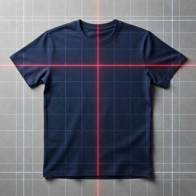 Premium organic cotton t-shirt flat lay on a neutral grey background with a subtle vector grid overlay and a glowing laser-alignment guide, high-contrast studio lighting, ultra-sharp detail.