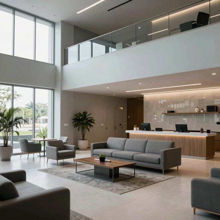 Modern reception area in a Brazilian corporate building with soft grey and light blue decor.