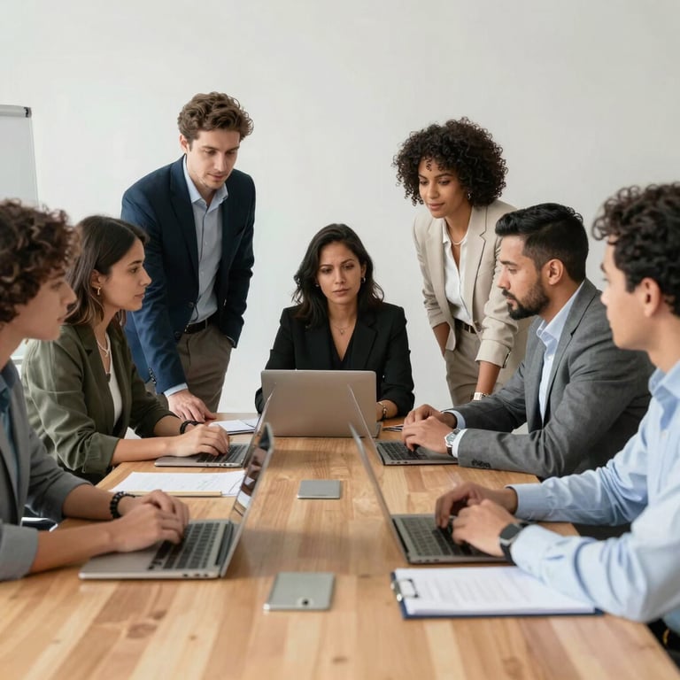 A team of diverse South American professionals collaborating in a bright meeting room.