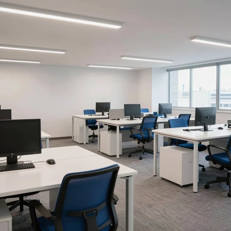 An airy open-plan office space in Brazil with clean white desks and blue chairs.