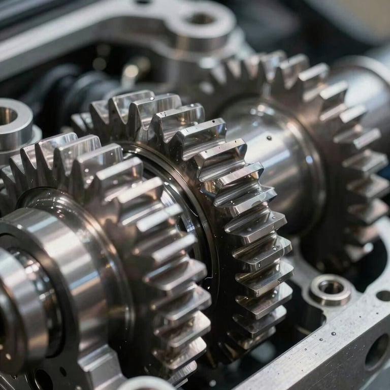 Macro photography of perfectly lubricated, pristine metal gears inside a high-end vehicle engine. North American / International setting.
