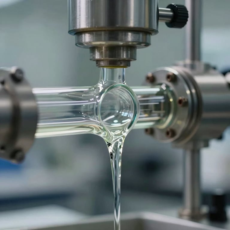 Close-up of clear lubricant liquid flowing smoothly through industrial glass piping in a laboratory. North American / International setting.