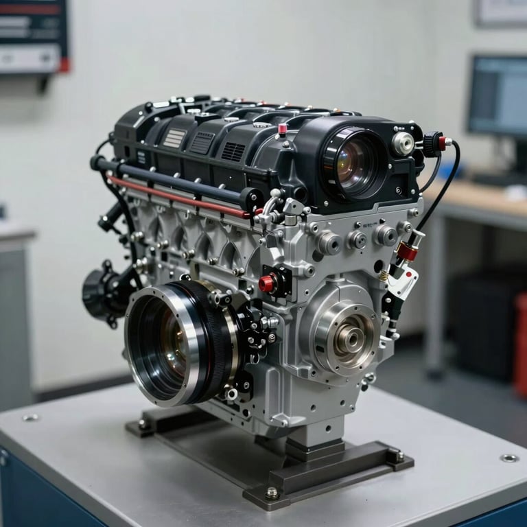 A high-performance automotive engine on a dynamometer in a controlled, clean testing environment. North American / International setting.