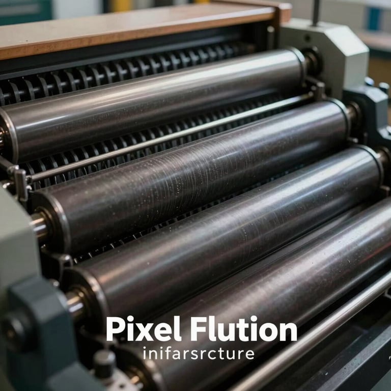 Close-up of the mechanical rollers of an offset press, showing the precision and cleanliness of the Pixel Fusion infrastructure.