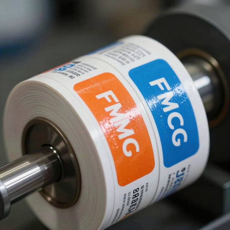 A macro photograph of high-gloss FMCG labels being rolled onto a spindle, showcasing vibrant colors and precision detail.