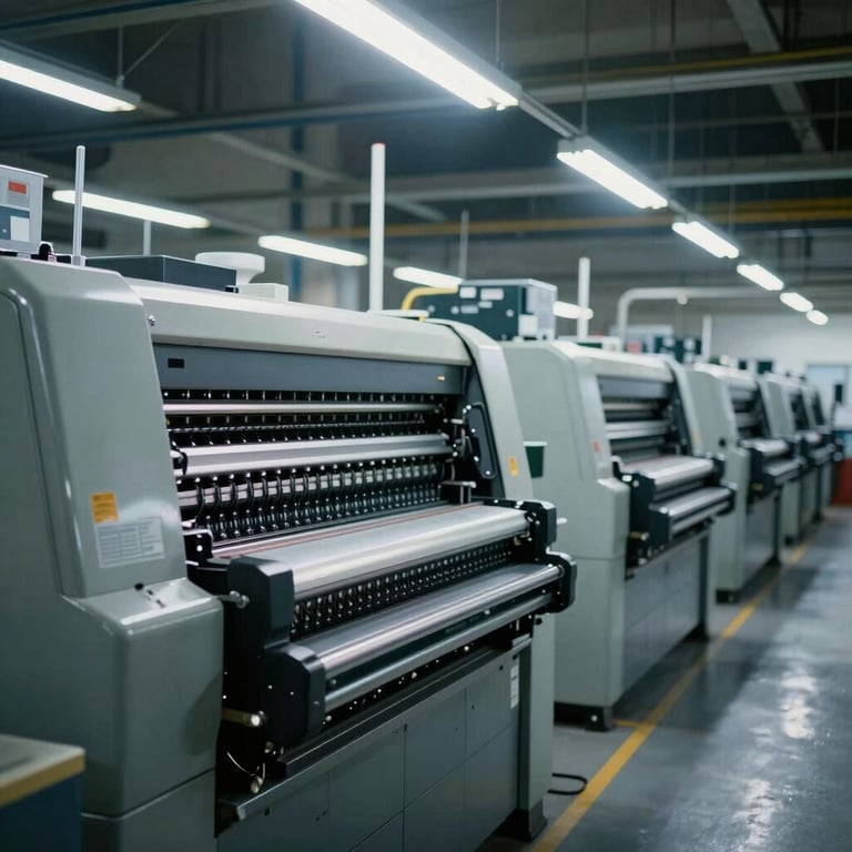 The interior of the Hyderabad factory showing a row of modern, well-maintained offset printing machines under cool, bright lighting.