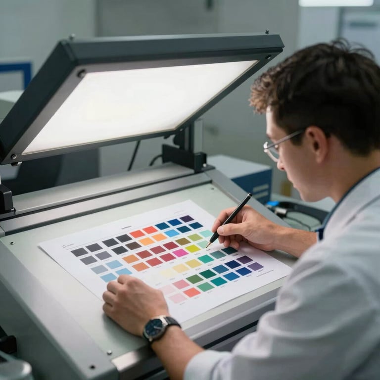 A technician in a corporate uniform inspecting a printed sheet against a professional light table for color accuracy.