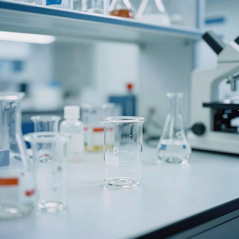 Crisp industrial photography of a clean laboratory testing bench with glassware, cool blue tones, sharp focus, 35mm