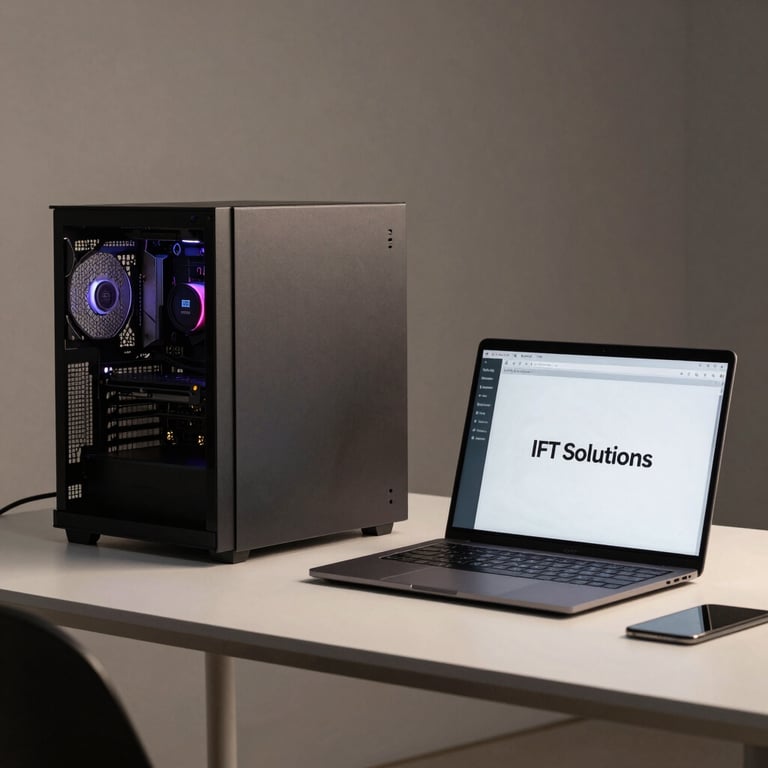 A premium desktop computer and laptop on a minimalist desk, representing modern IT solutions.