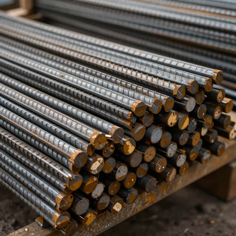Close-up of industrial steel rebars stacked in a clean, professional storage facility.