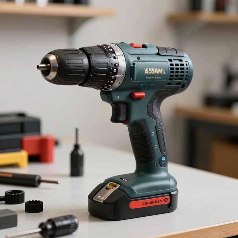 A professional grade power drill and accessory kit presented on a clean workshop surface.
