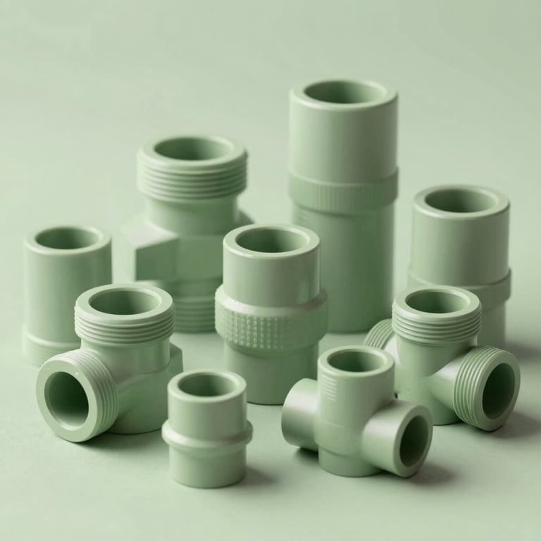 Modern CPVC pipe fittings arranged neatly, showcasing variety and quality in soft sage green lighting.