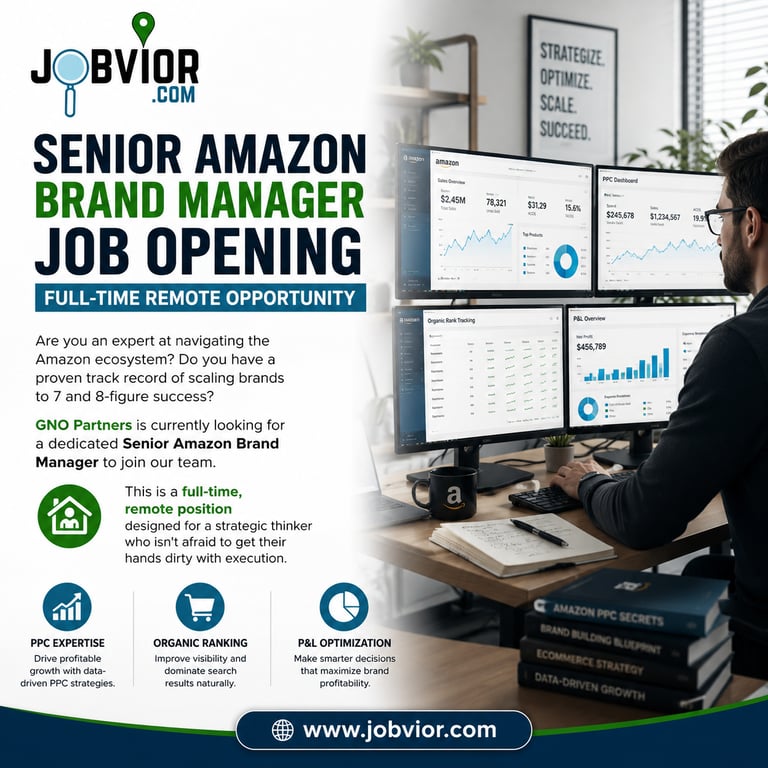 Professional remote workspace setup for Senior Amazon Brand Manager job opening with analytics 