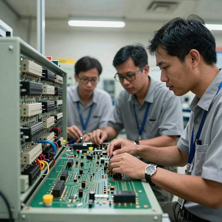 Southeast Asian electrical engineers working collaboratively on a large circuit panel in a well-lit facility.