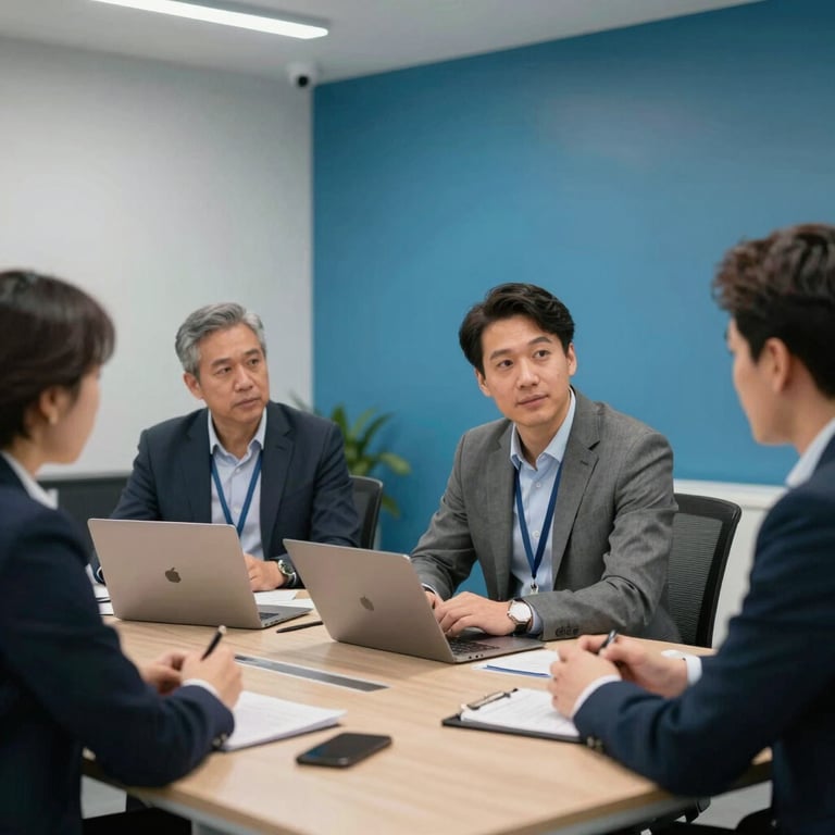 A professional meeting between technical consultants in a modern office with YInMn Blue wall accents.