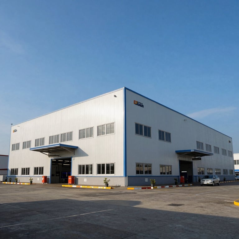 A wide shot of a modern manufacturing plant exterior in Indonesia under a clear blue sky.