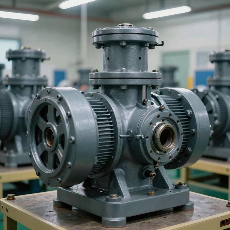 Detail of industrial mechanical pump installations in a clean Indonesian factory setting.