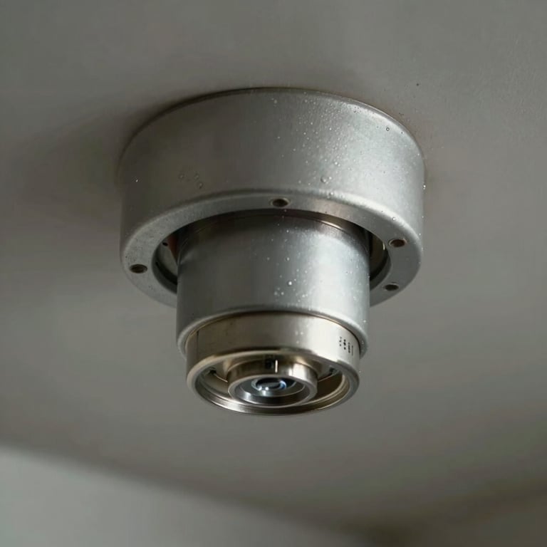 A close-up of a modern fire sprinkler system installed in a commercial ceiling, professional lighting, industrial style.