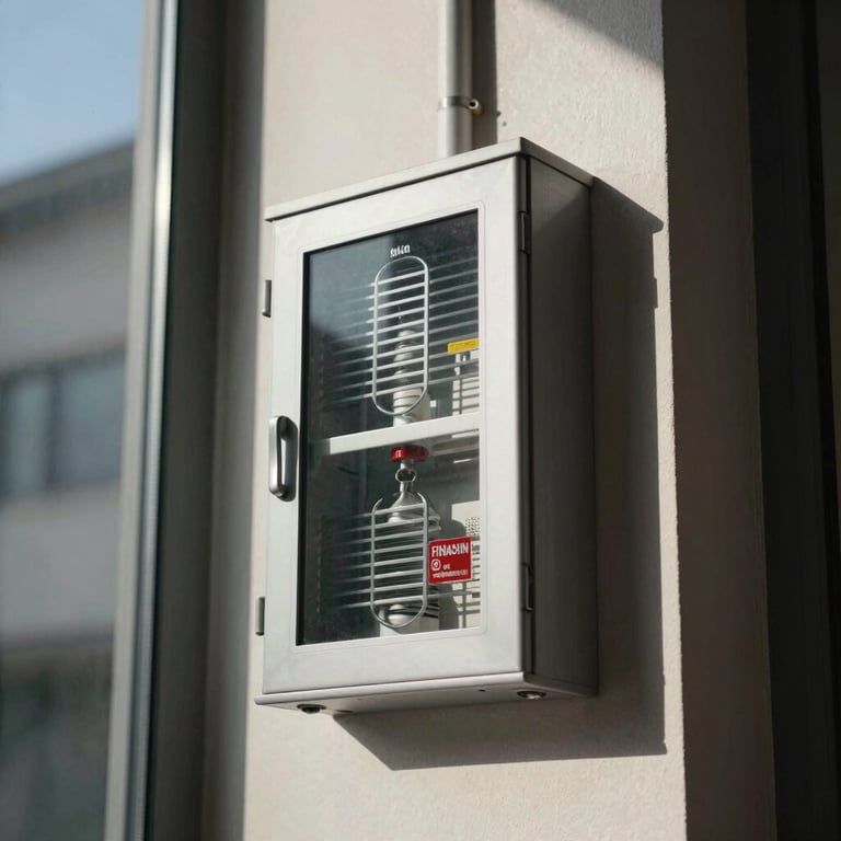 Architectural detail of fire safety systems integrated into a modern building structure.