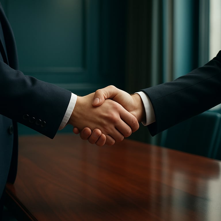 A close-up of two professionals shaking hands over a mahogany table in a well-lit boardroom, featuring sophisticated Dark Teal accents.