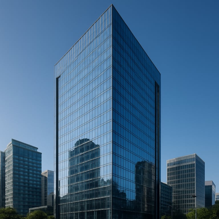 An architectural shot of a modern glass-and-steel skyscraper in a major Indian business district under a clear blue sky.