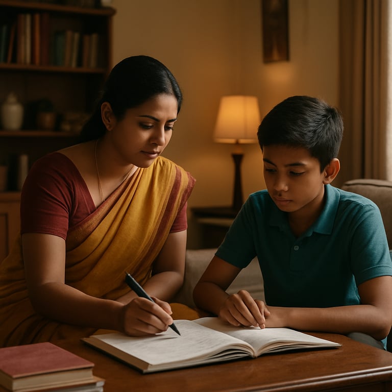 An organized, warm home environment in a South Asian / Indian household where a tutor is helping a student, representing Mayuri Home Tuitions.