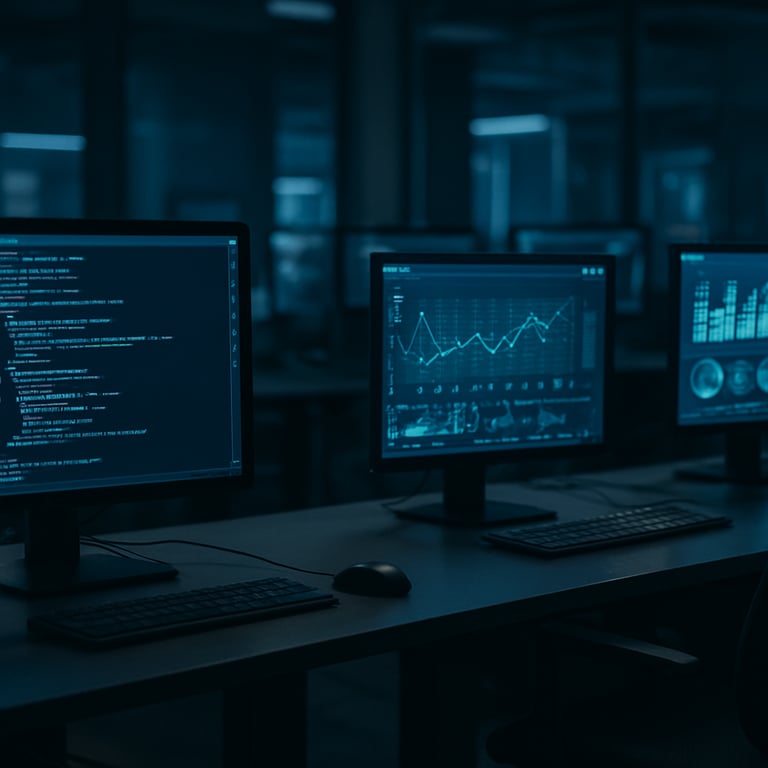 A modern tech lab with glowing screens displaying advanced code and data visualizations, representing Nest CRM AI.