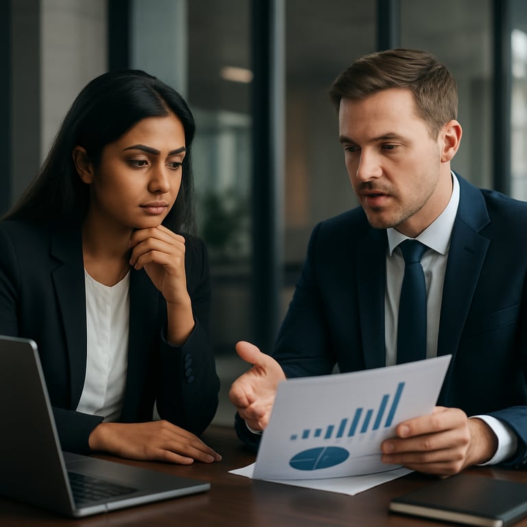 A professional consulting session in a sleek office, showing business partners discussing franchise growth, representing Franchise Nest India.