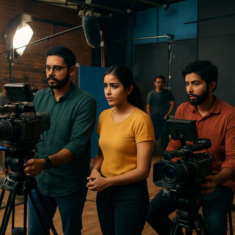 A vibrant media production studio in Delhi with high-end cameras and equipment, representing Fly Bird Media. South Asian / Indian crew members are visible.
