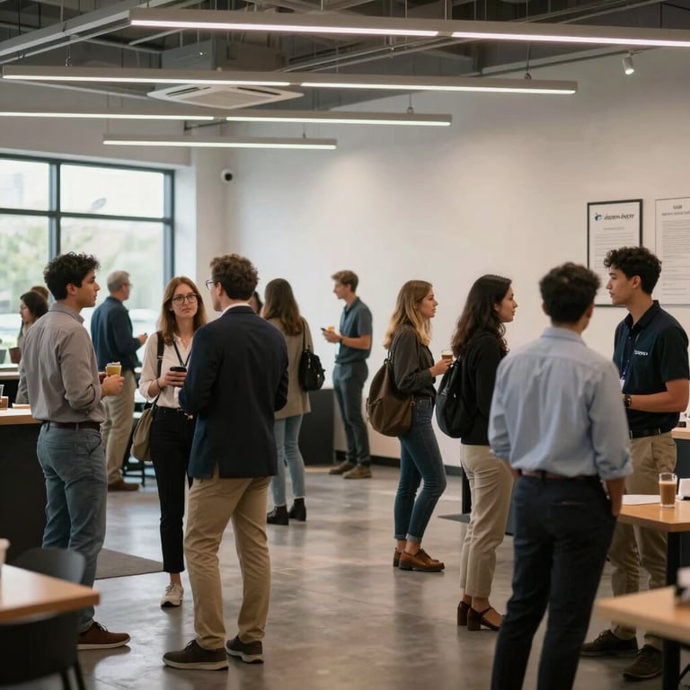 A wide shot of a community event at Agency Apple with people networking in a professional, contemporary space.