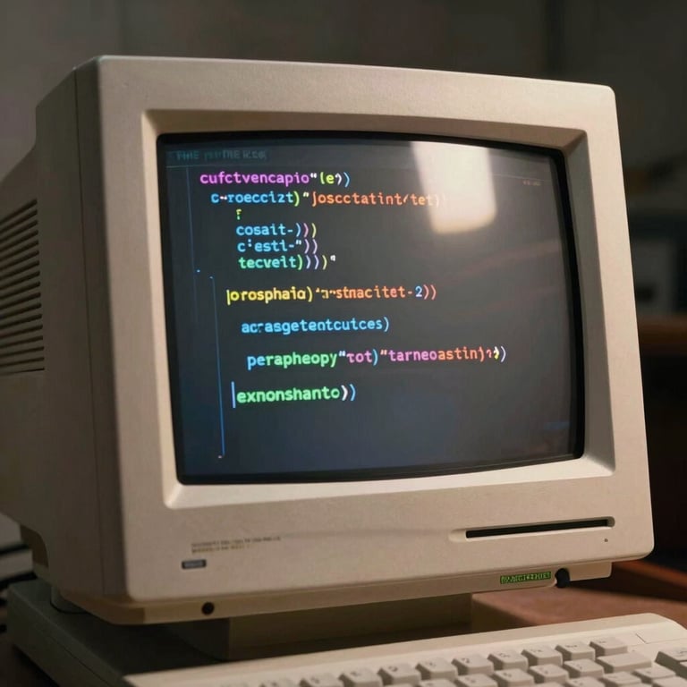 A close-up of code on a classic Macintosh CRT monitor, reflecting a warm studio light in Minneapolis.