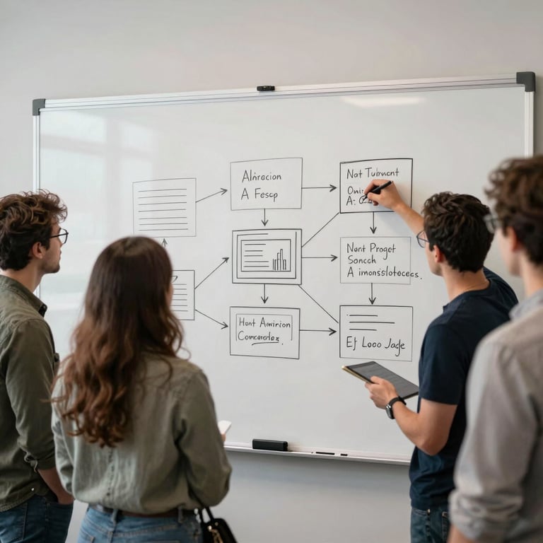 A group of North American / US creatives gathered around a large whiteboard sketching AI workflows.