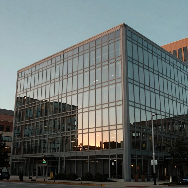 The exterior of a modern glass-fronted office in Minneapolis during a sunset, reflecting Muted Blue-Grey colors.