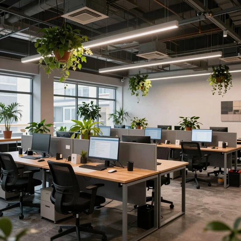Interior shot of the Claude Cowork space featuring industrial ceilings, plants, and high-tech workstations.