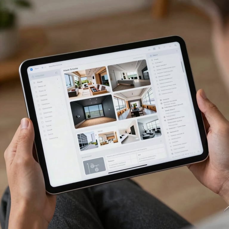 Hands holding a sleek tablet showing a complex storyboard for an AI project.