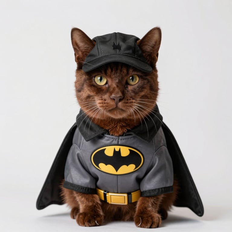 Un gato marrón con un disfraz de Batman que incluye capa, cinturón de herramientas y máscara