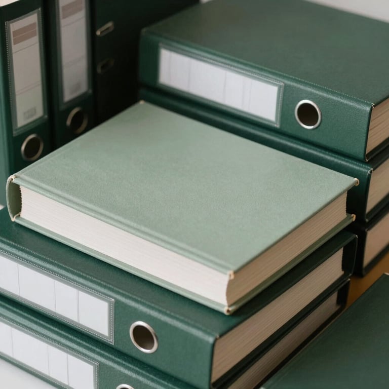 A collection of professional business books and binders in shades of muted sage and dark slate green.