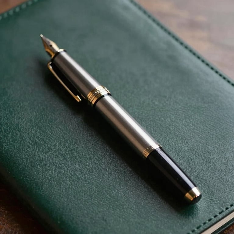 A detailed close-up of a professional fountain pen resting on a dark slate green leather document folder.