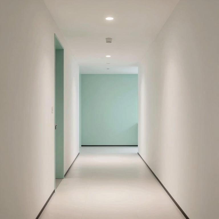 An off-white minimalist office hallway with soft seafoam accents and professional lighting.