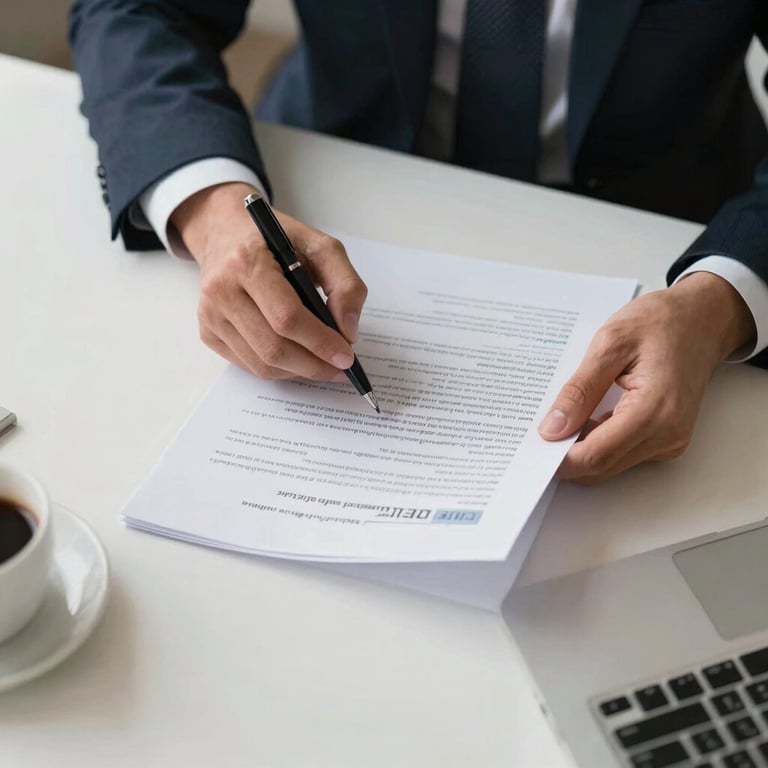 A top-down view of a business person in a dark suit reviewing documents on a clean desk.