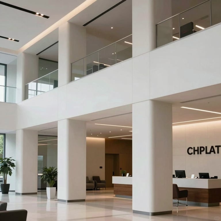 A crisp, clear view of a professional lobby with a focus on modern, clean architectural lines.